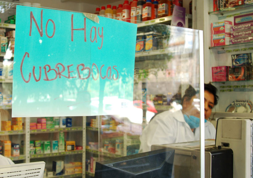 "Out of face masks": A Mexico City pharmacy during the influenza crisis.
